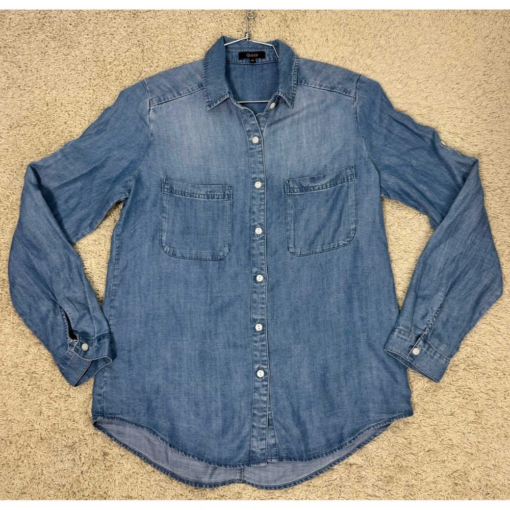 Quince Women's Distressed‎ Chambray Roll Tab Long Sleeve Button Up Shirt Size XS - Picture 5 of 8